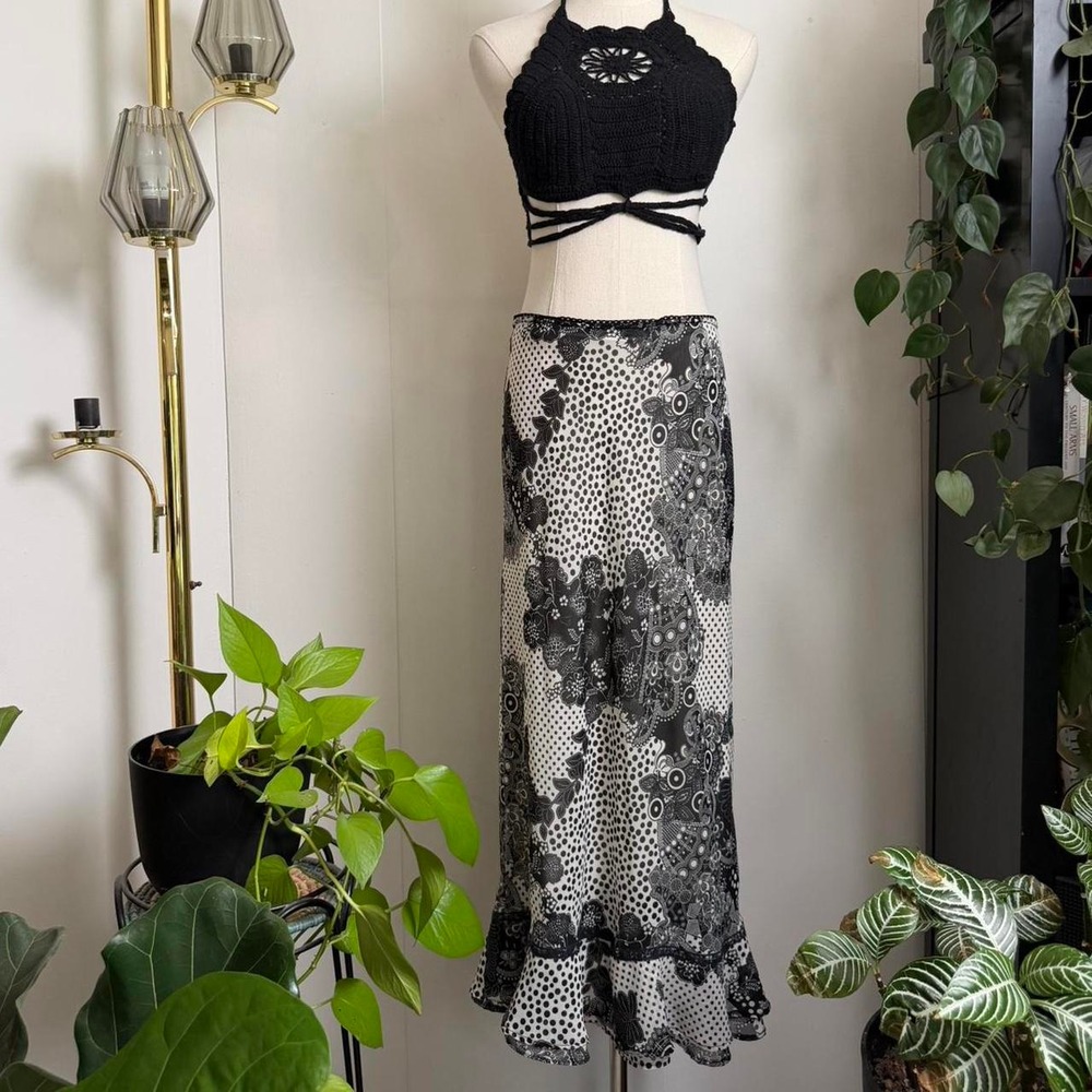 Vintage Mixed Nouveau Y2K Black White Polka Dot Paisley Floral Maxi Skirt Small